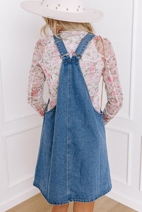 Wide Strap Button Front Pocketed Denim Mini Dress